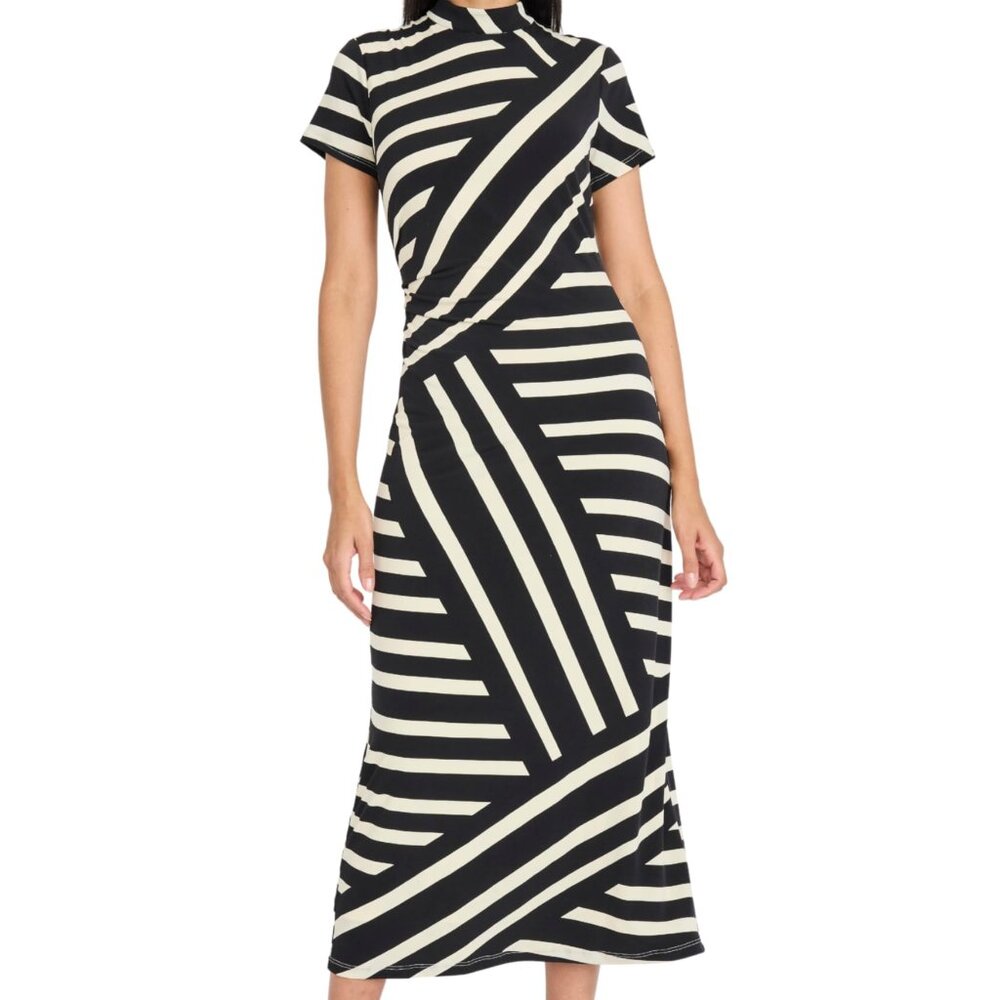 Donna Morgan - Mock Neck Short Sleeve Striped Midi Sheath Dress - Size 6